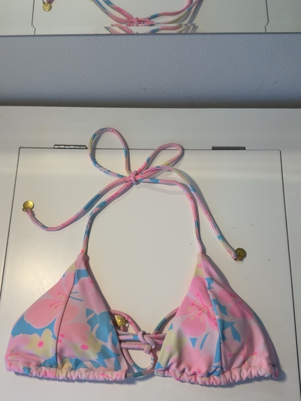 Women’s Pink Floral Triangle Swim Top with Blue Accents